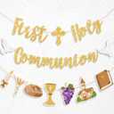 Yeaqee First Holy Communion Banner Kit Gold Glitter First Holy Communion Decorations Christian Religious Banner Baptism Decor for God Bless Baby Shower Birthday Party baby's 1st Birthday