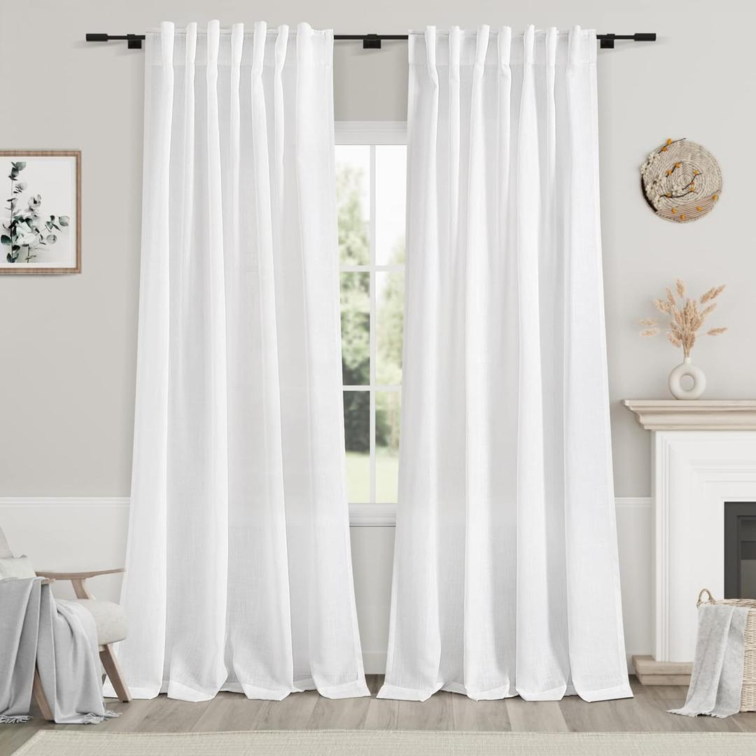 White Semi Sheer Linen Curtains 90 inch Length for Living Room Back Tab Rod Pocket Modern Farmhouse Coastal Decor Off White Cotton Textured Gauze Curtains 90 inches Long for Dining Room Office