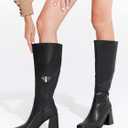 Coutgo Women's Knee High Boots Wide Calf Square Toe Chunky Heeled Pull-on Boot (8, Black)