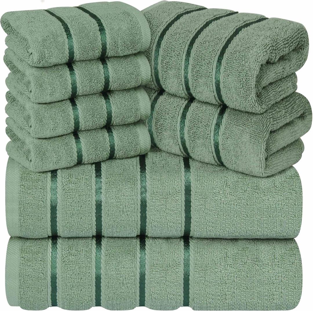 Luxury Towels for Bathroom Set of 8-2 Bath Towels 2 Hand Towels 4 Washcloths - 600 GSM 100% Cotton Ring Spun Viscose Border Towels Set - Sage Green