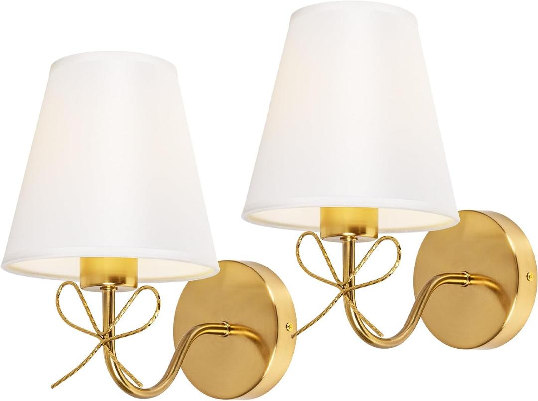 Antique Brass Wall Sconces Set of Two, Bow Sconces Decor Gold Wall Lights Brass Brushed Gold Sconce with Fabric Shade, E26 110V Hardwired Wall Lamps Indoor for Bedroom, Living Room, Doorway