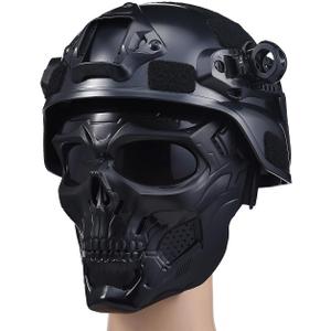 Airsoft Helmet and Mask, Military Tactical Helmet and Full Face Mask Set - Paintball Helmet with NVG Mount and Side Rail for Protective Gear (GreySkul)