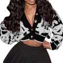 ThusFar Women Fashion Button Down Color block Cardigan Sweaters Fall Slim Crop Outwear Open Front Knit Coat Streetwear (X-Large, Typed-black)