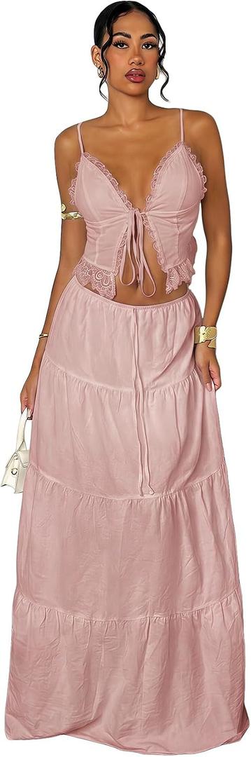 Floerns Women's 2 Piece Outfit Tie Front Camisole Top Tiered Maxi Skirt Set (Pink, M)