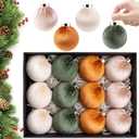 Christmas Tree Ornaments Set Velvet Balls, 12pcs Shatterproof Christmas Bulbs Ornaments for Xmas Tree Decorative Hanging, Vintage Flocked Decoration, 78mm, 3.15 in, Multicolor Green Brown Neutral