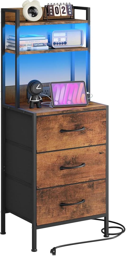 Fixwal 41 Inch Tall Nightstand with Charging Station, Led Night Stand with U-S-B Port & Socket, 3 PU Finished Fabric Storage Drawers, Office, Bedside Table & Bookshelf in One, Rustic Brown