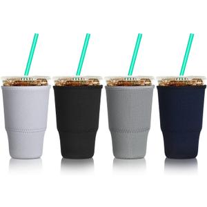 Patelai 4 Pieces Reusable Iced Coffee Sleeve Cup Insulator for Cold Drinks Beverages and Holder for Most Coffee (30-32 oz Large, Solid Color Style)