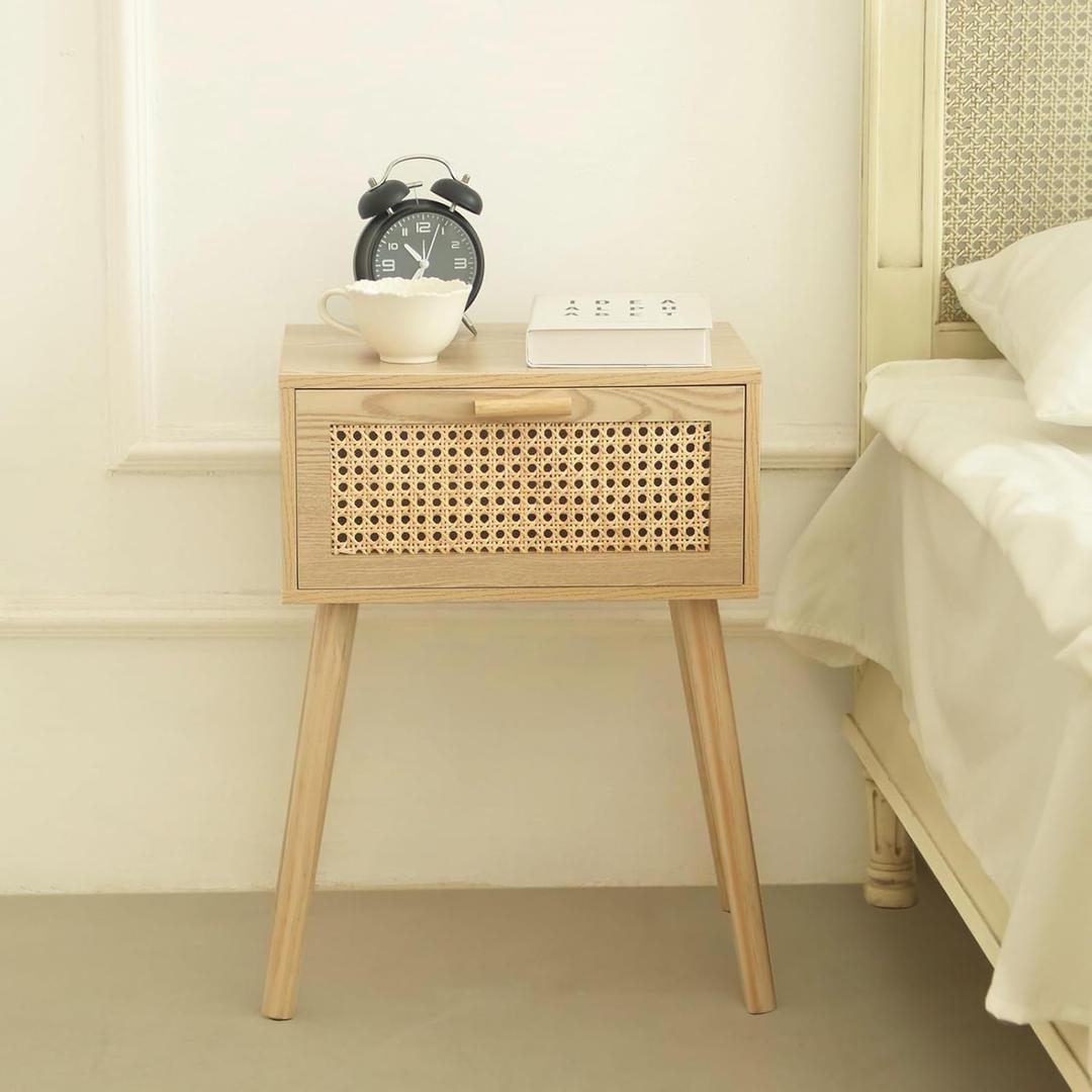 AWASEN Rattan Nightstand, Bedside Table with Rattan Drawer, Wood End Table with Storage and Solid Wood Legs for Bedroom Living Room Small Space (Walnut)