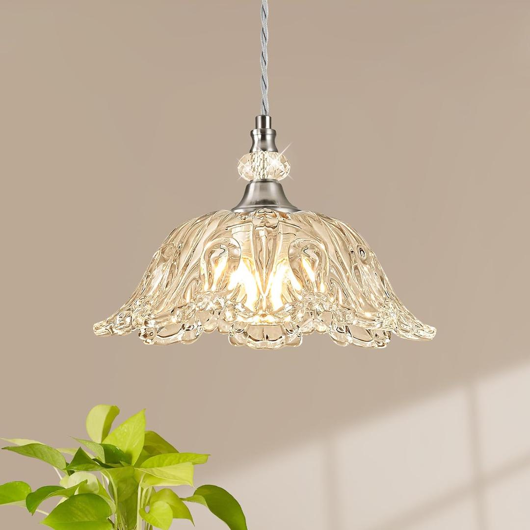 1 Piece Brushed Nickel Chandelier Light Fixtures with Glass Shade, Brushed Nickel Finish Pendant Light,Hanging Light for Dining Room,Hallways,Living Room,Bedroom