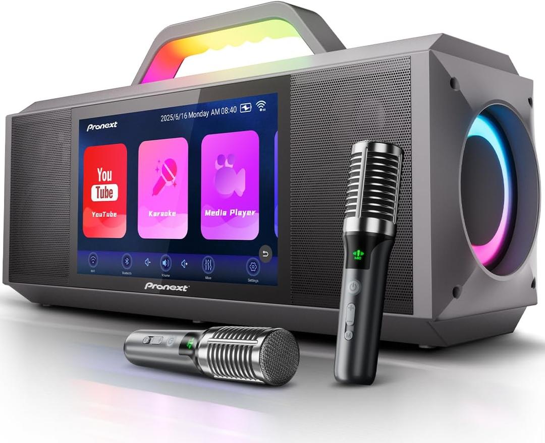 Pronext Karaoke Machine with Lyrics Display for Adults Kids, 200W Sound, 10 Inches Touch Screen, 2 Wireless Microphones, Portable Karaoke PA System, Connects to TV for Home, Party, or Backyard