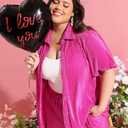 TIYOMI Women's Plus Size 2 Piece Sets for Women 3X Suits Hot Pink Lounge Set Short Sleeve Button Down Outfits Pleated Top & Wide Leg Pants Textured Summer Shorts Streetwear 3XL 22W 24W