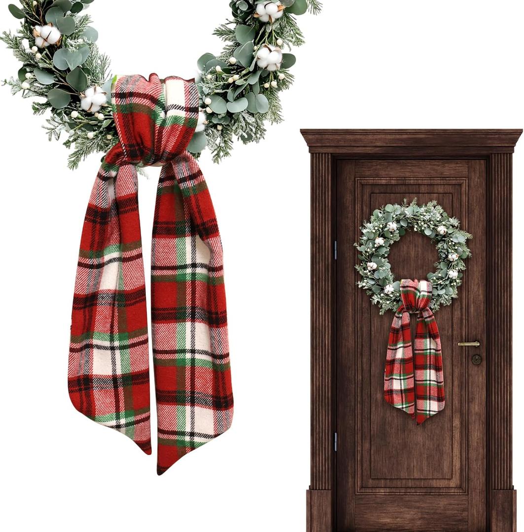 Christmas Wreath Sash for Front Door, Birthday Red Plaid Burlap Ribbon Sash Holiday Wreath Accessories for Baby Shower Wedding Decorations