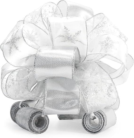 Traico Christmas Tree Topper Bow  Bow: 11" sq.  Tails: 3 Yards Long Each  Silver Snowflake