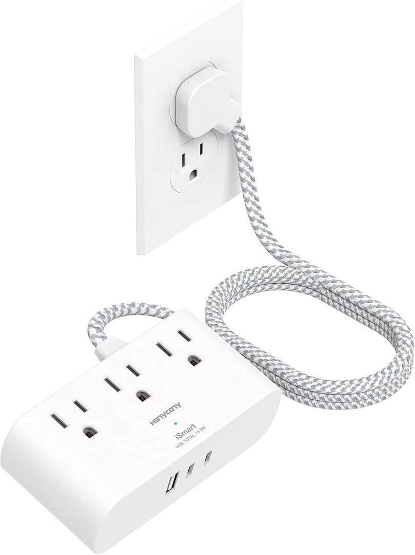 Flat Plug Power Strip 6 Ft, HANYCONY Ultra Thin Flat Extension Cord, 3 Outlets 3 USB Ports(2 USB C) Multi Plug Outlet Extender with No Surge Protector for Cruise Ship, Travel, Dorm Room Essentials (White)