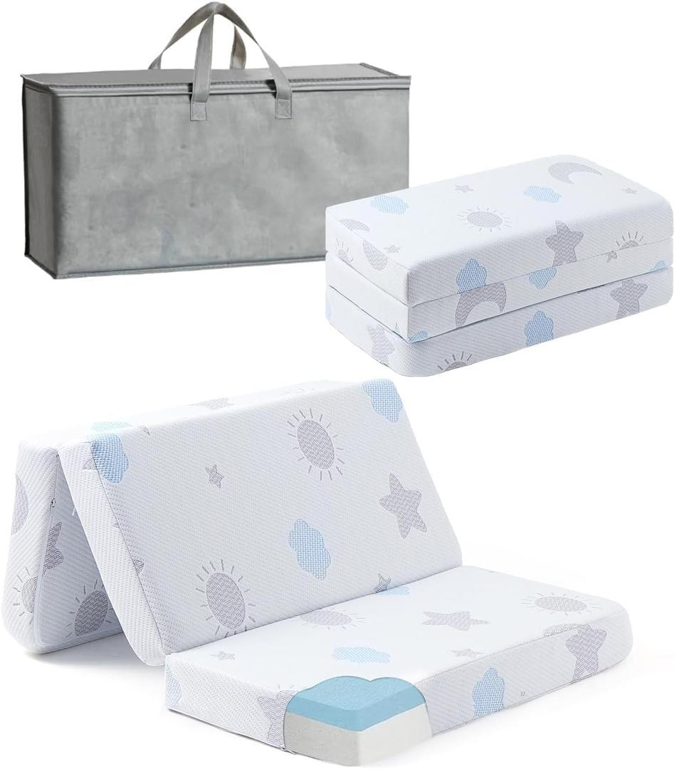 Trifold Pack and Play Mattress 38x26'', Dual-Sided Memory Foam Play Pen Mattresses, Portable Travel Mattress Pad with Washable Cover