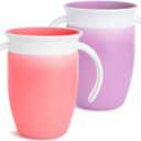 Munchkin Sippy Cup for 6 Month Old and Up, Spill Proof Miracle 360 Toddler Cups with Transition Handles, 7 Ounce, 2 Pack, Pink/Purple