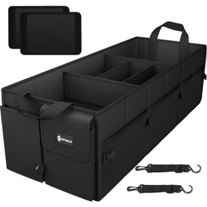Sposuit Extra Large Trunk Organizer 98L Collapsible Car Storage Trunk Organizer with Removable Dividers & Adjustable Securing Straps for Car SUV Van (Black)