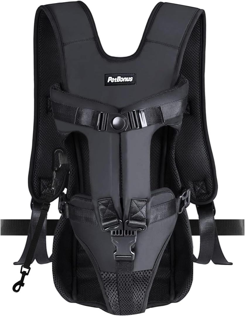 PetBonus Pet Front Dog Carrier Backpacks, Adjustable Pet Backpack, Legs Out Easy-fit Puppy Chest Carrier for Medium Small Dogs, Hands Free for Hiking, Cycling (Black, M)