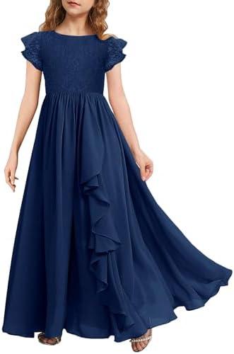 MITILLY Girls Lace Flower Maxi Dress Ruffle Sleeve A-Line Flowy Junior Bridesmaid Chiffon Dresses for Wedding Party 12-13 Years