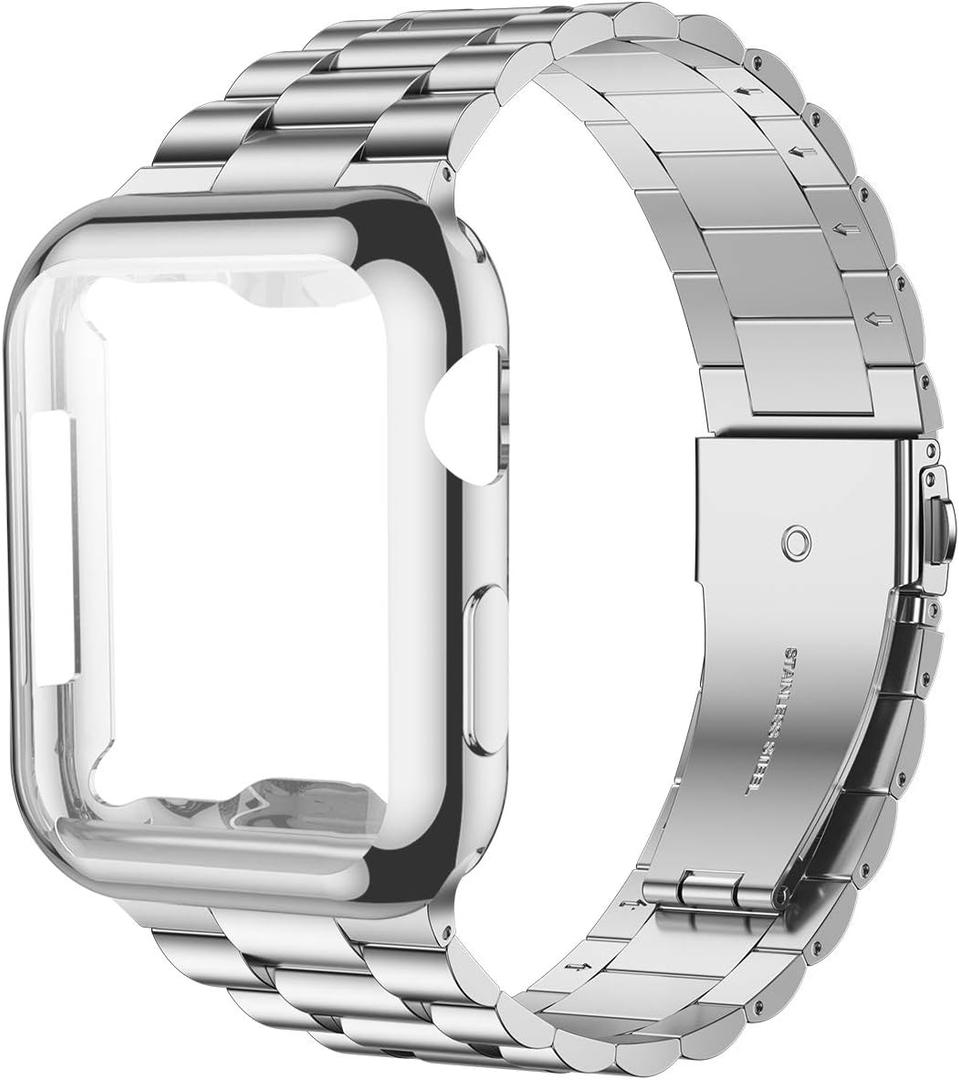 iiteeology Compatible with Apple Watch Band 42mm Series 3 2 1, Upgraded Stainless Steel Band with iWatch Screen Protector Case for Men Women Silver/Silver