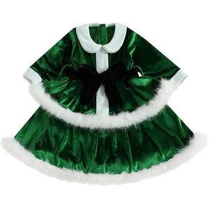 Kid Little Girls Christmas Outfit Santa Claus Velvet Lapel Long Sleeve Dress Princess Party Layered Dresses with Belt (Green, 3-4 Years)