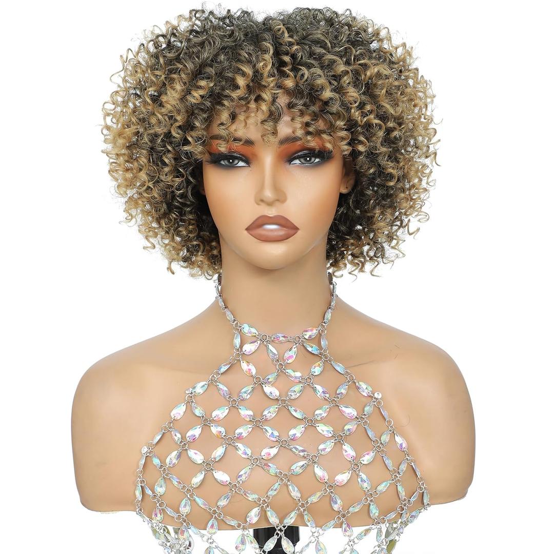 Honey Blonde Short Curly Wig with Bangs Ombre Dirty Blonde Highlight Curly Bang Wigs Kinky Curly Wig Glueless Synthetic Afro Wigs for Women Ready to Wear (1B/27 Highlights)