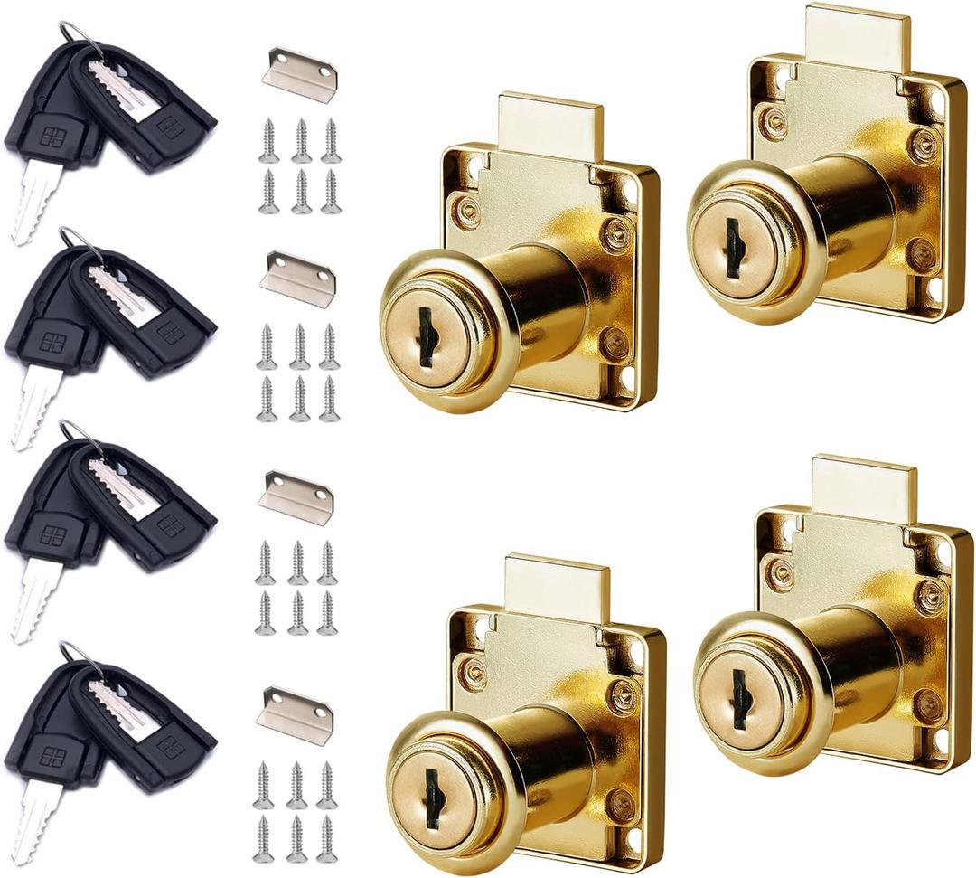 Cabinet Drawer Locks with Keys- XIEHE 138 Zinc Alloy Replacement Door Locker Keyed Alike 4 Pack Cylinder Diameter 0.75 Inch Gold Brass Plated