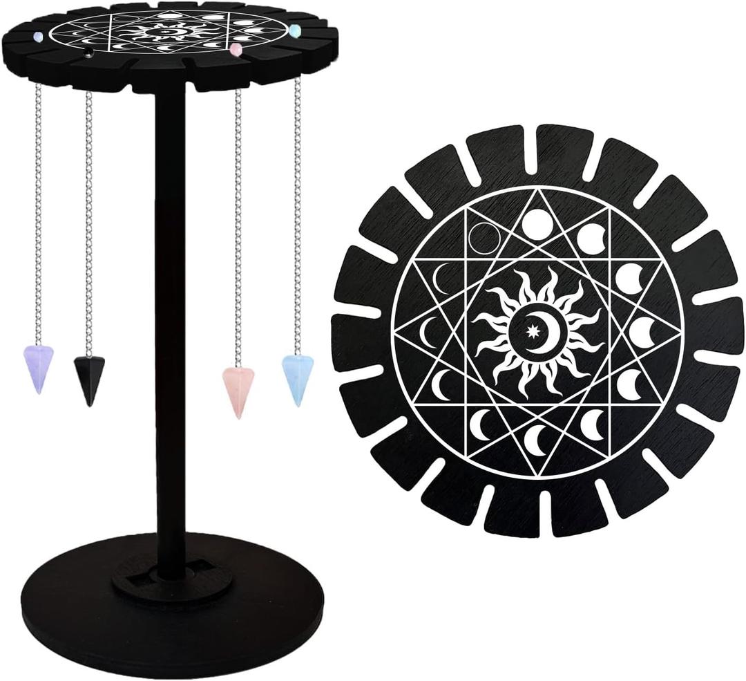AHANDMAKER Pendulum Display Stand Wooden Pendulum Display Stand Stones Rocks Crystal Pendulum Holder with 18 Slots for Crystals Necklaces Accessories Decoration Spirit Altar Decoration - Geometric Moon Phases