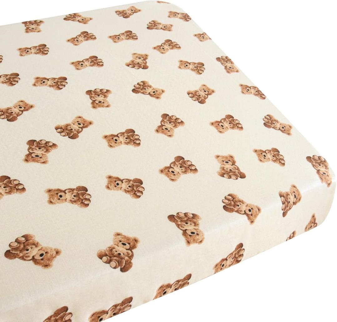 LifeTree Pack and Play Sheets Fitted for Baby, 38" x 26" x 2" Muslin Playard Mattress Pad Cover,70% Viscose from Bamboo and 30% Cotton, Bear Pattern