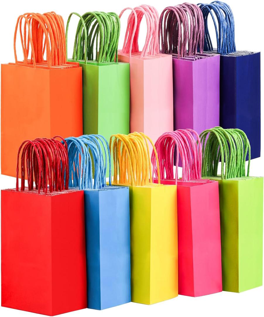 Suwimut 100 Pieces Small Paper Gift Bags with Handles, 5.1x3.25x8.27 Inch Kraft Paper Party Favor Bags Bulk Goodie Bag for Kids Birthday, Baby Shower, Crafts, Wedding, Party Supplies (10 Colors)