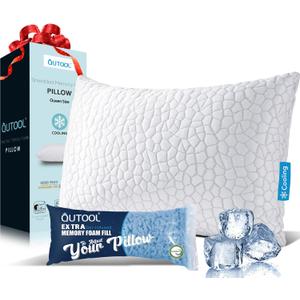 QUTOOL Cooling Pillow for Sleeping, CertiPUR-US Shredded Memory Foam Queen Pillow Set of 1, Cool Pillow for Hot Sleepers Adjustable Firm Pillow for Side, Back, Stomach Sleepers Soft Yet Support, White