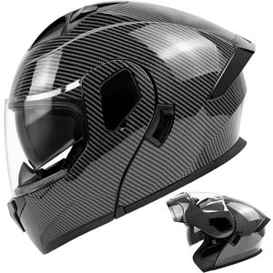 Carbon Fibre Motorcycle Dual Visor Flip Up Modular Full Face Helmet, Youth Adult Integrated ATV UTV Snowmobile Street Dirt Bike Casco, DOT Approved, Small