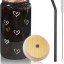 Heart Patterned Cup With Bamboo Top + Glass Straw | 16oz Can Shaped Glass | Smoothie and Iced Coffee Cup 'Black'