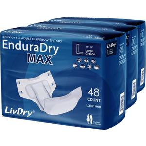 LivDry EnduraDry Max Adult Diapers with Tabs, Up to 12-Hours, Super Absorbent Incontinence Underwear, Leak Protection Briefs, Large, 48-Pack
