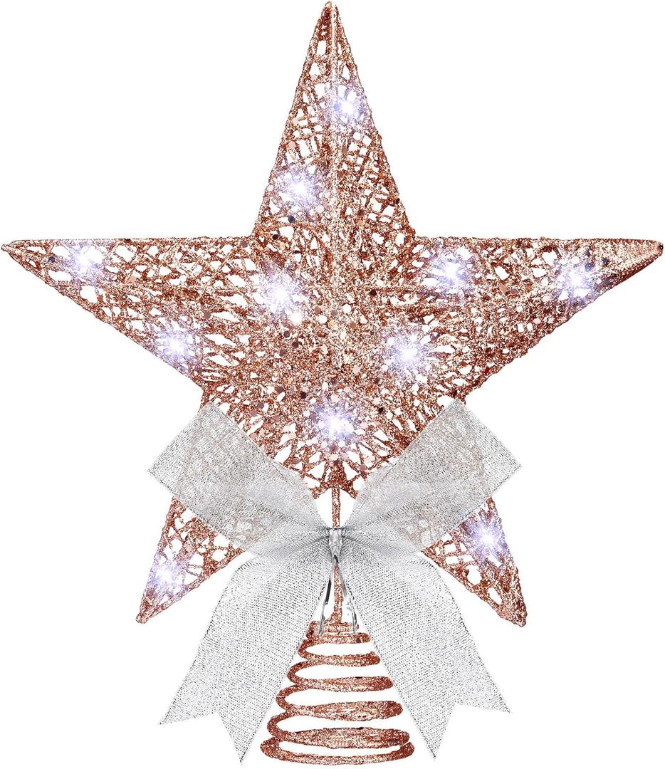Sumind 9.8 x 11.8 Inch Christmas Star Tree Topper Glittered Star Metal Plug in Treetop Ornaments with Bow and 30 LED String Light for Christmas Tree Indoor Holiday Party Decoration(Gold Rose)