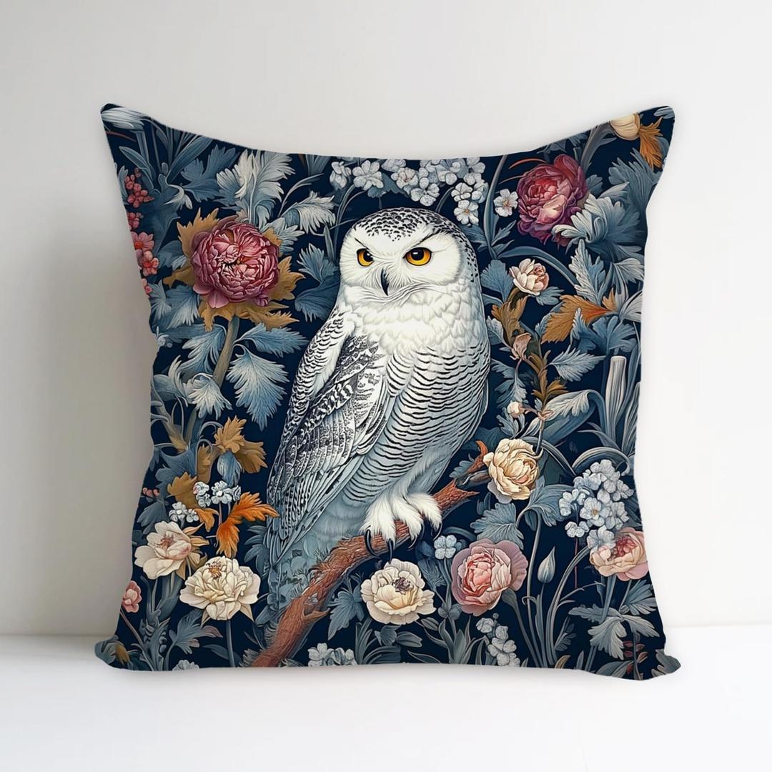 Vintage Owl Flowers Decorative Throw Pillow Cover William Morris Inspired- Vintage Flower Gift Art Farmhouse Cushion Pillowcase for Sofa Couch Bed Outdoor Living Room Home Decor (White Owl)