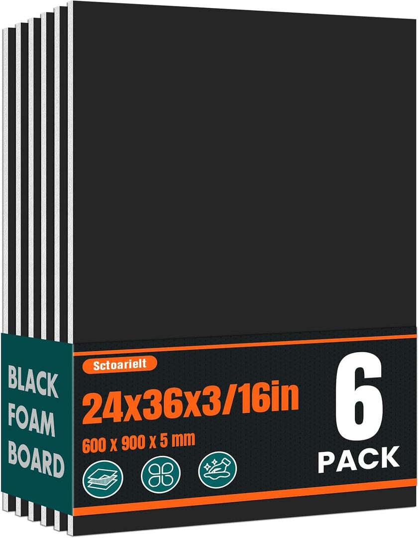6 Pack Black Foam Board for Art Craft, 23.5 x 35.5 x 3/16" Thick