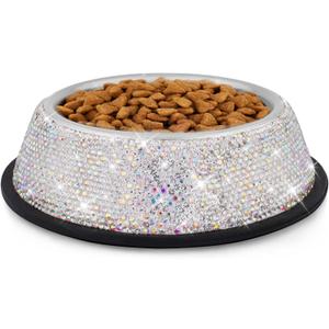 Sparkly Full Rhinestones Designed Stainless Steel Pet Rabbit Bowl - Stylish and Practical Diamond Food Water Dishes Bowls for Small Medium Large Dogs Cats Rabbits (Silver)