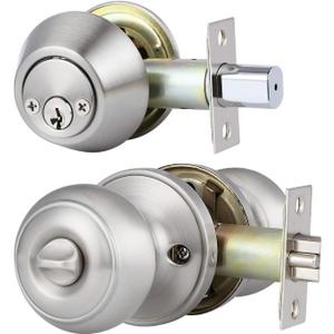 2 Pack Keyed Alike Entry Door Knob and Deadbolt Set, Satin Nickel Double Cylinder Deadbolt Lock Set, Round Style Door Knobs Deadbolt for Exterior/Front Door