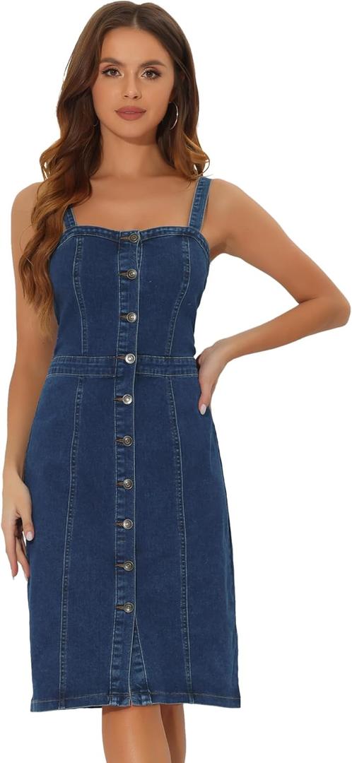 Allegra K Button Down Denim Dress for Women's Summer 2025 Sleeveless Sweetheart Neck Jeans Dresses (Medium)