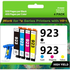 Compatible Ink Cartridge Replacement for HP 923 Ink Cartridges (Black Cyan Magenta Yellow, 4-Pack, Without Chip) Work with HP Officejet Pro 8130e 8120e 8135e 8139e 8120e 8125e Printers