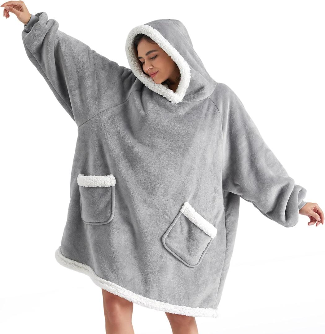 Bedsure Blanket Hoodie, Wearable Blanket Hoodie as Gifts for Mom, Birthday Gifts for Women Kids Teens Sherpa Sweatshirt, Grey, Small