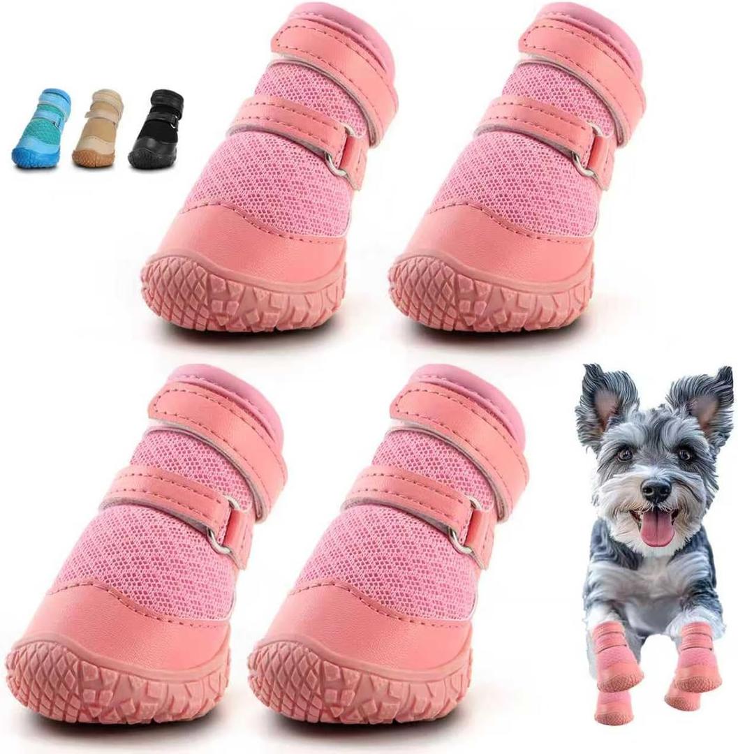 Dog Shoes for Small Dogs, Dog Boots & Paw Protectors for Hot Pavement Winter Snow Hiking, Anti-Slip Dog Booties for Hardwood Floor Pink Size 1