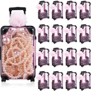 VioraWhite 32 Pcs Mini Suitcase Storage Box with Plush Ball Keychains Plastic Empty Candy Luggage Packaging Storage Containers Gift Boxes 7.48" x 3.15" Suitcase for Travel Party Favors (Pink)