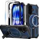 for iPhone 16 Magnetic Case with Stand & Screen Protector [Compatible with MagSafe] Non Slip Full Body Double Layer Heavy Duty Military Grade Shockproof Protection Cover, Blue
