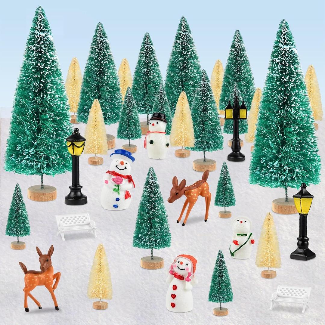 PLULON 33Pcs Christmas Village Accessories for Crafts Mini Christmas Trees Xmas Figurines Ornaments Bottle Brush Trees Snowman Deer Micro Landscape for Winter Holiday Home Party Decorations