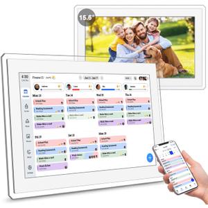 Digital Calendar Wall Touch Screen, 15.6 Inch Smart HD Electronic Calendar for Family & Chore Chart with Meal Planner, Built-in Digital Photo Frame, Gift for Parents & Kids, Desk Stand & Refills (White)
