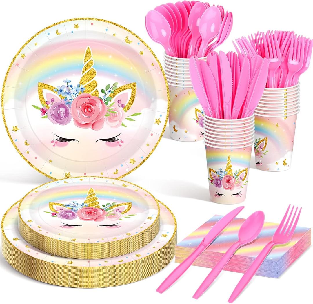 Meanplan 168 Pcs Unicorn Party Tableware Supplies Set Include Rainbow Unicorn Paper Plates Napkins Cups Knives Forks Spoons for Girls Guests Birthday Baby Shower Party Favor Serves 24 Guests