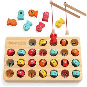 Coogam Wooden Magnetic Fishing Game, Fine Motor Skill Toy ABC Alphabet Color Sorting Puzzle, Montessori Letters Cognition Preschool Gift for Years Old Kid Early Learning with 2 Pole
