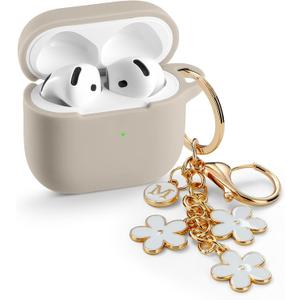 Maxjoy for Apple Airpods 4th Generation Case Cover(2024), Silicone Case with Cherry Blossom Ornament Keychain Compatible with Airpods 4 case for Women,Men-Starlight